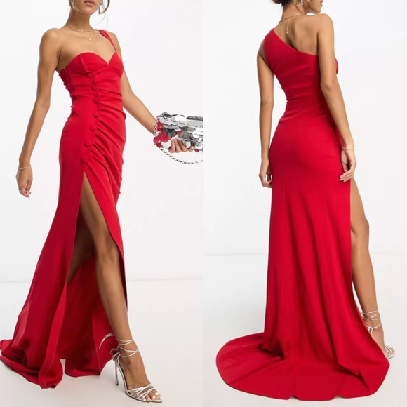 NEW ASOS DESIGN Red ONE SHOULDER Ruched SIDE BUTTON Maxi Dress GOWN US 4 (fit 2) - Picture 15 of 16